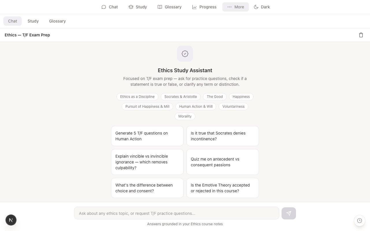 Ethics T/F exam prep AI chat